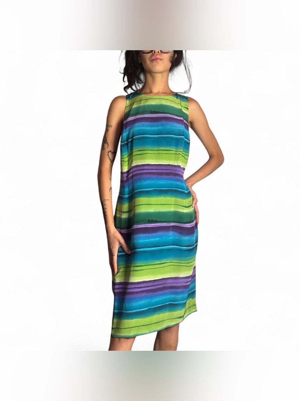 Vintage 100% Silk Multi Colored Striped MIDI Dress by Maggy London Size 8